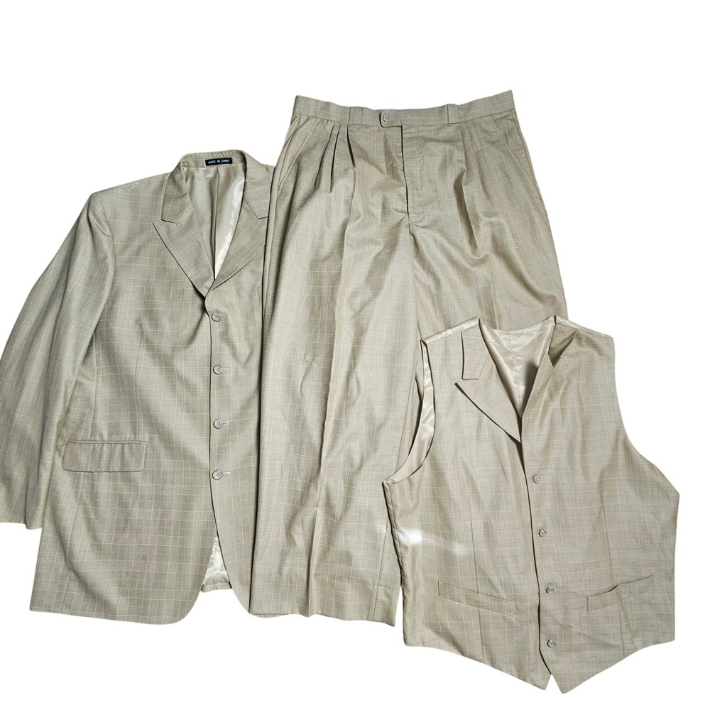 Vitali Mens 3-Piece Suit Windowpane Plaid Blazer Vest Pleated Pants‎ L48xW42